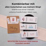 Zeit statt Zeug Gutscheinideen. Die Gutscheinhülle kann mit allen Gutscheinen aus meinem Shop kombiniert werden. Wähle aus einer Vielzahl unterschiedlicher Gutscheinideen aus. Wichtig: der Gutschein muss separat erworben werden.