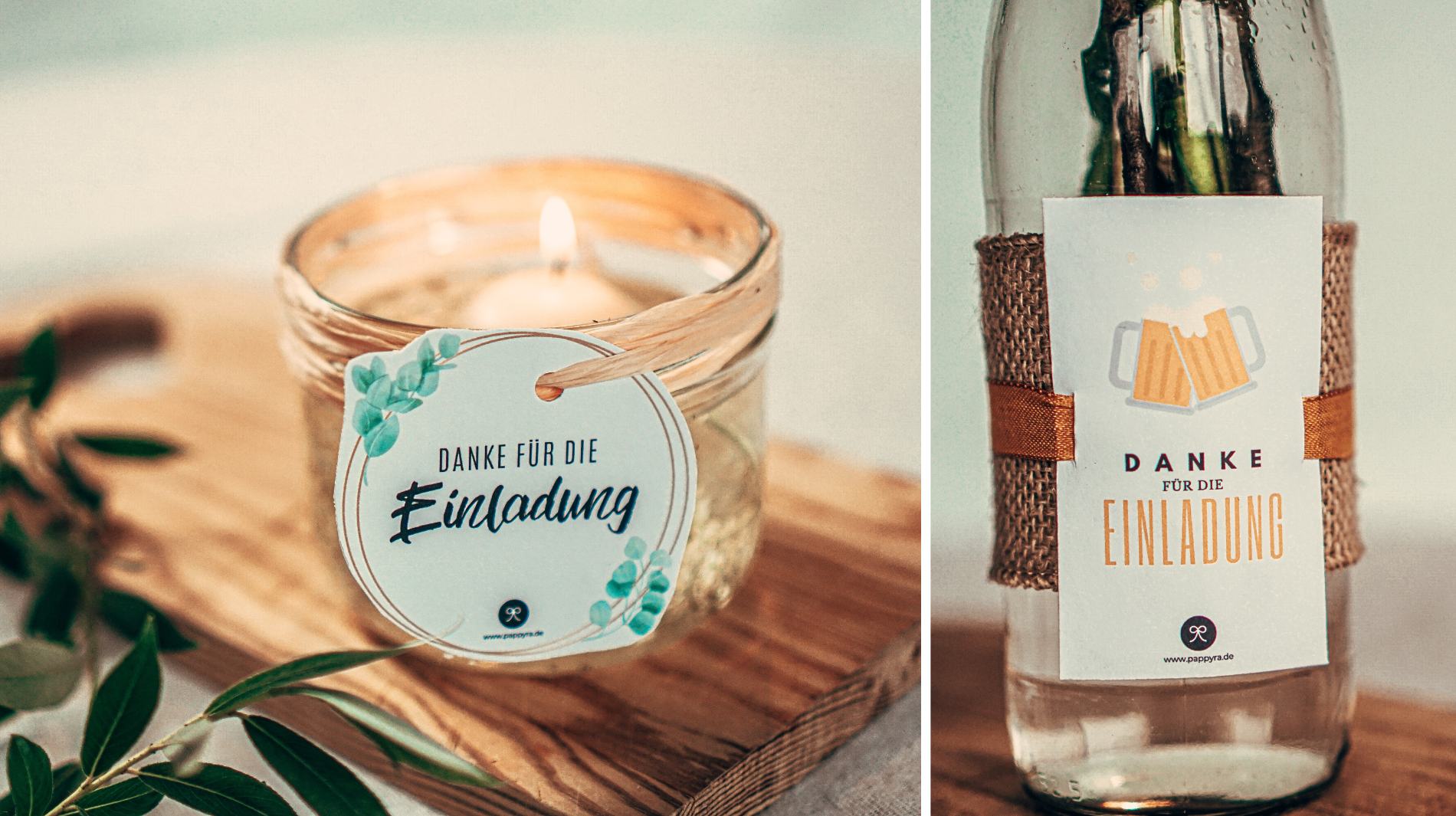 Kreatives Danke für die Einladung Mitbringsel mit DIY Windlicht und Geschenkanhänger zum Ausdrucken (Bier Motiv). Perfektes Einladung Geschenk für Gastgeber.