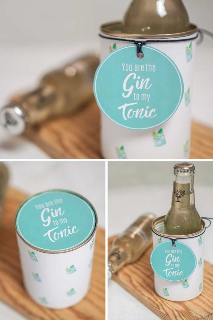 Dosen Geschenk für Gin Tonic Fans. Lustiger Spruch Liebe "You are the gin to my tonic" auf der selbstgemachten Konservendosen Upcycling.