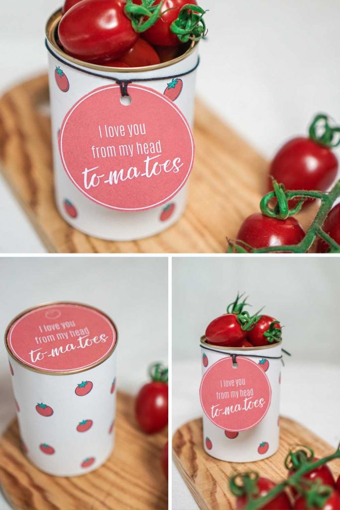 Originelles Lustiges Mitbringsel mit dem Lustiger Spruch Liebe "I love you from my head to-ma-toes". Gefüllt mit Tomaten aus einem Dosen Geschenk.