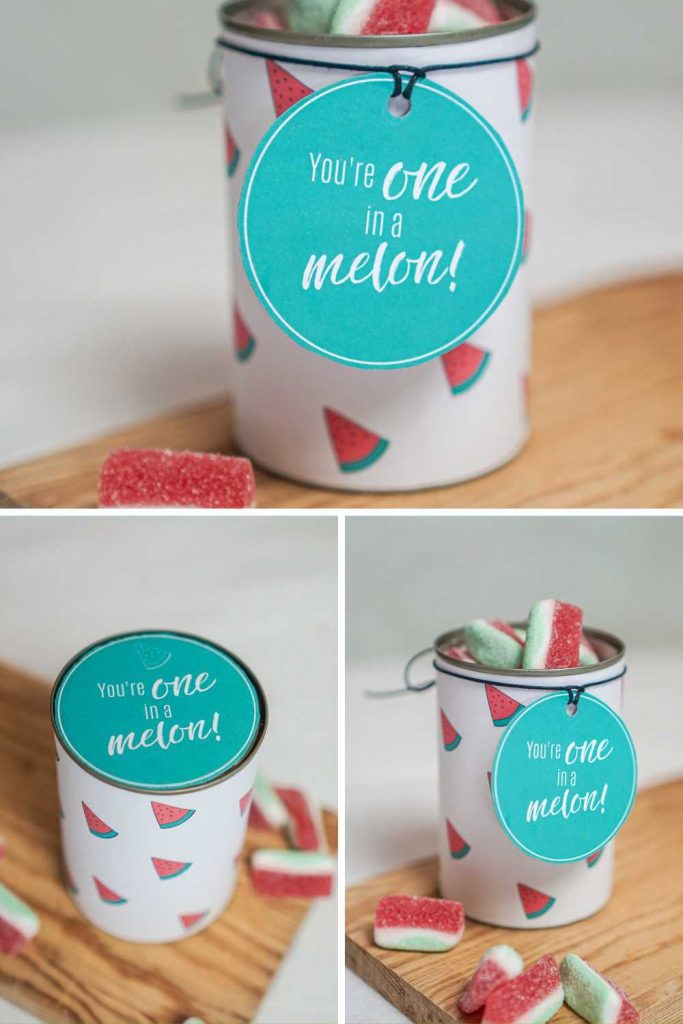 Kreatives Konservendosen Upcycling mit Wassermelonen-Motiv und dem Spruch "You're one in a melon!". Ideal als süßes Lustiges Mitbringsel.