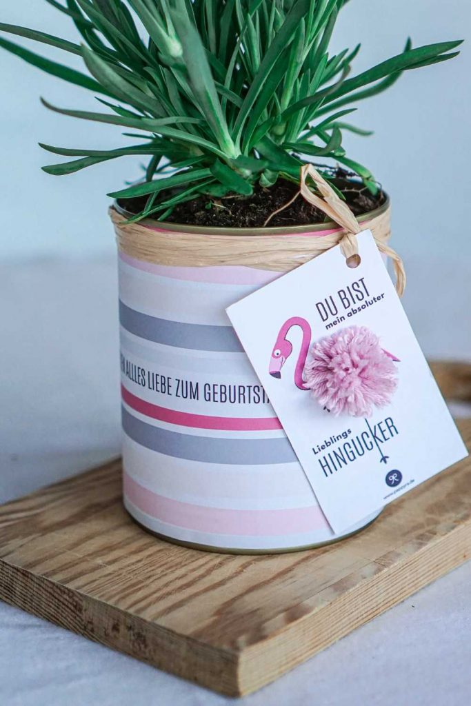 Fertiges Geschenk Flamingo mit selbstgebasteltem Geschenkanhänger (Flamingo-Motiv) an einer rosa Topfnelke. Persönliches und schnelles DIY-Geschenk.
