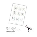 Ausgedruckte Etiketten mit den Sprüchen zu Salz und Pfeffer neben einer Schere, fertig zum Ausschneiden für ein selbstgemachtes Geschenk zur Hochzeit DIY.