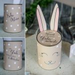 Collage der Hasendose aus verschiedenen Blickwinkeln mit der Aufschrift Frohe Ostern und Glück Achtsamkeit Motivation als kreatives Ostergeschenk.