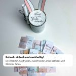 Blick von oben in eine Hasendose umgeben von vielen kleinen gefalteten Zettelchen die zeigen wie schnell und einfach dieses nachhaltige und kreatives Ostergeschenk gebastelt ist.