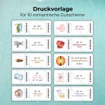 Druckvorlage für 10 romantische Valentinstag Gutschein Vorlagen im Aquarell-Stil. Die Motive beinhalten Aktivitäten wie einen Tag am See, Kochabend, Candle Light Döner, Frühstück im Bett und einen Tag ohne Handy.