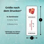 Detailansicht der Maße für romantische Valentinstag Gutschein Vorlagen. Ein einzelner Gutschein hat nach dem Drucken eine Höhe von 14 cm und eine Breite von 5 cm.