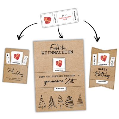 Grafik zur Veranschaulichung der Kombinationsmöglichkeiten: Eine romantische Valentinstag Gutschein Vorlage für ein „Überraschungs-Date“ wird beispielhaft in drei verschiedene Verpackungen aus Kraftpapier gesteckt – eine Gutscheinkarte „Zeit statt Zeug“, ein Weihnachtsposter und eine „Happy Birthday“-Hülle.