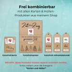 Kreative Verpackungsideen für romantische Valentinstag Gutschein Vorlagen. Gezeigt werden verschiedene Möglichkeiten wie eine Gutscheinkarte, ein Gutscheinposter oder ein Adventskalender aus Kraftpapier mit der Aufschrift „Zeit statt Zeug“.