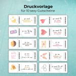 Druckvorlage für 10 sexy Valentinstag Gutschein Vorlagen im Aquarell-Stil. Die Motive beinhalten Aktivitäten wie 1x Sex wo immer du willst, eine Massage mit Happy End, einen Tag lang Sexting oder 1x Sex mit verbundenen Händen.