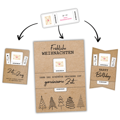 Produktvisualisierung für vielseitige Geschenkideen: Eine Gutschein Vorlage für eine „Sexy Überraschung“ wird mit verschiedenen Trägerprodukten kombiniert. Zu sehen sind eine „Zeit statt Zeug“ Klappkarte, ein weihnachtliches Gutscheinposter und eine herzförmig gestaltete Geburtstagshülle aus Naturkarton.