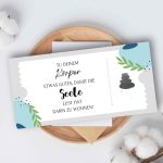 Stilvolle Ansicht der Gutschein Rückseite mit einem Wellness Spruch und Designelementen in Blau und Grau perfekt geeignet um einen entspannenden thermen gutschein basteln zu können