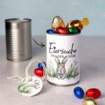 Aus alt mach neu: Mit der passenden Konservendosen Banderole kreierst du ein tolles Upcycling Ostergeschenk. Die PDF Vorlage für die Eiersuche in der Dose ist deine absolute Rettung, wenn du ein liebevolles Last Minute Geschenk suchst.