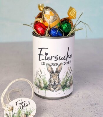 Eine festliche Konservendosen Banderole für Ostern: Gestalte mit dieser praktischen PDF Vorlage eine kreative Eiersuche in der Dose und zaubere im Handumdrehen ein tolles Last Minute Geschenk.