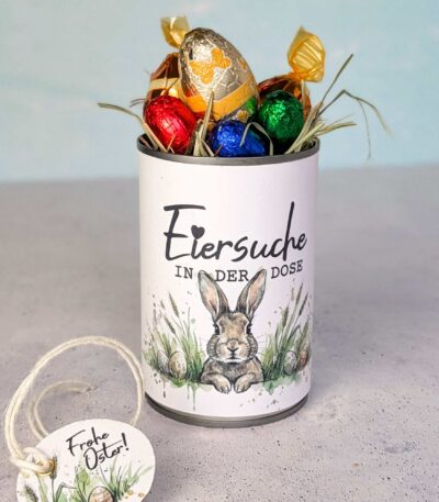 Eine festliche Konservendosen Banderole für Ostern: Gestalte mit dieser praktischen PDF Vorlage eine kreative Eiersuche in der Dose und zaubere im Handumdrehen ein tolles Last Minute Geschenk.