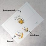 Übersicht der ausgedruckten Bier Geburtstag Druckvorlage auf Papier. Pfeile markieren die einzelnen Elemente der PDF Vorlage: den Dosenmantel, den runden Deckel und den Geschenkanhänger. Alles bereit für ein unkompliziertes DIY Last Minute Geschenk zum Basteln.