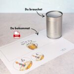 Bastelanleitung für das DIY Geschenk: Das Bild verdeutlicht, wie einfach die Bier Geburtstag Vorlage zum Ausdrucken funktioniert. Man benötigt lediglich eine leere Konservendose und die herunterladbare digitale PDF Druckvorlage, um sofort ein geniales Last Minute Geschenk zu zaubern.