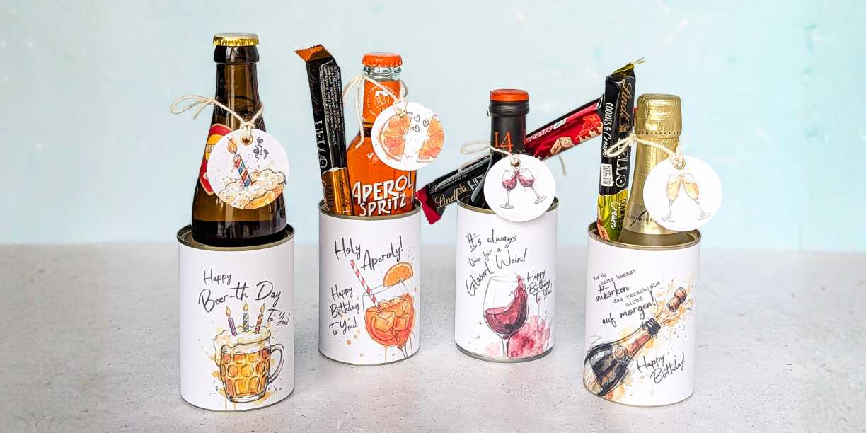 Last Minute Geburtstagsgeschenke zum Ausdrucken: witzige Konservendosen Banderolen für Aperol, Bier, Wein oder Sekt!