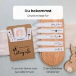 Digitale Druckvorlage als PDF für einen DIY Ostern Gutschein. Die Bastelvorlage zeigt die Bestandteile für liebevolle Ostergrüße: eine Gutscheinkarte oder Gutscheinhülle im Kraftpapier-Look mit Hasenohren, einen Regenbogen-Gutschein und 5 verschiedene Einstecker mit Texten wie "Frohe Ostern" und "von Herzen". Perfekt als kreatives Last Minute Geschenk.