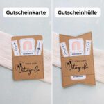 Direkter Vergleich der Ostern Gutscheinverpackung in zwei verschiedenen Design-Varianten: links als klassische Gutscheinkarte mit abgerundeten Ecken und rechts als originelle Gutscheinhülle in Wimpelform. Die vielseitige PDF Vorlage für diese digitale Druckvorlage eignet sich hervorragend als kreatives DIY Geschenk und schnelles Last Minute Geschenk zu Ostern.