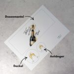 Eine PDF Druckvorlage für ein Sekt-Geburtstagsgeschenk aus einer Dose, bestehend aus Dosenmantel, Deckel und Anhänger mit Sektflaschen-Motiv.