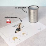 Bastelset für ein Sekt-Geburtstagsgeschenk: Eine leere Konservendose steht bereit neben der ausgedruckten PDF Vorlage für den Dosenmantel und die Anhänger.